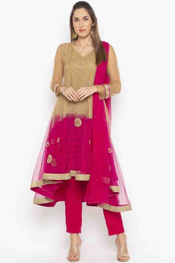 Plus Size Stitched Net Embroidery Pant Style Suit In Brown And Pink Colour SS2710490