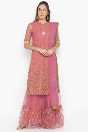 Plus Size Stitched Net Embroidery Sharara Suit In Pink Colour -  SS2710521