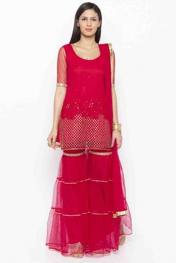 Plus Size Stitched Net Embroidery Sharara Suit In Pink Colour - SS2710523