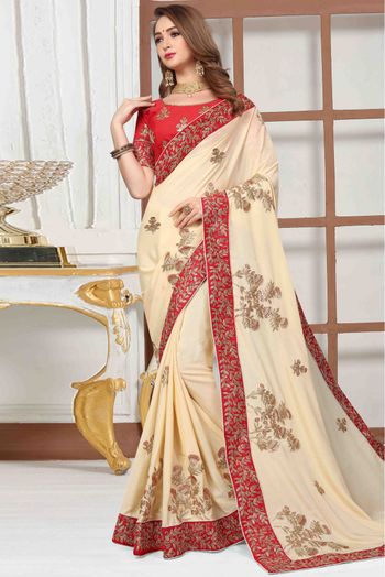 Pure Satin Designer Saree In Cream Colour