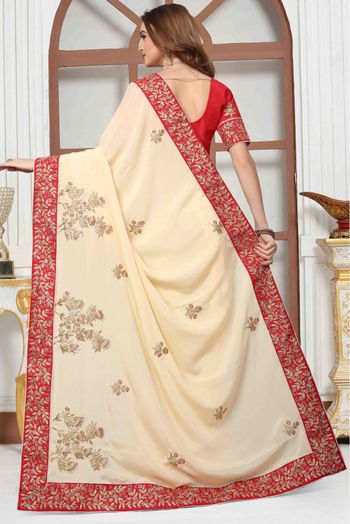 Pure Satin Designer Saree In Cream Colour