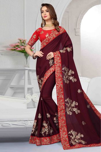 Pure Satin Designer Saree In Wine Colour - SR1541421