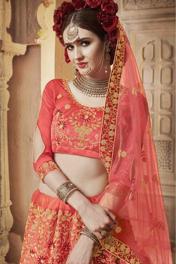 Satin Silk A Line Lehenga Choli In Peach Colour