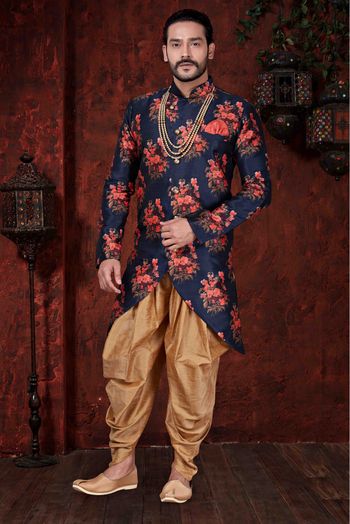 Silk Party Wear Dhoti Kurta In Navy Blue Colour