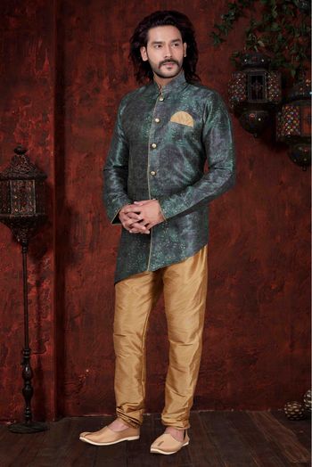 Silk Party Wear Kurta Pajama In Dark Green Colour