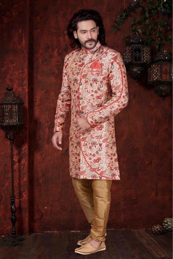 Silk Party Wear Kurta Pajama In Red And Cream Colour