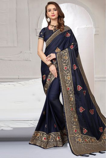 Silk Satin Traditional Saree In Blue Colour