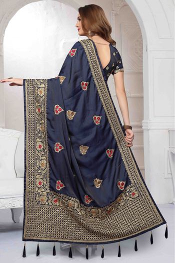 Silk Satin Traditional Saree In Blue Colour