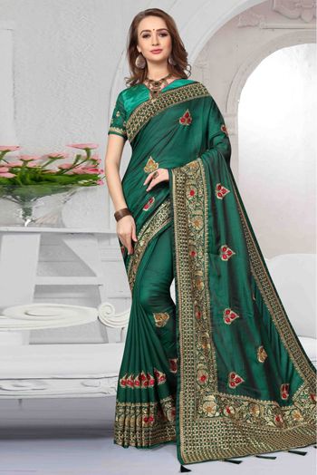 Silk Satin Traditional Saree In Green Colour