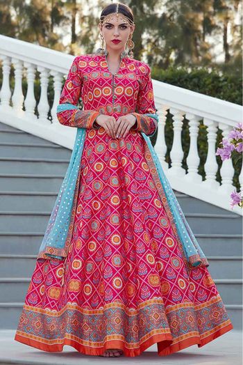 Plus Size Soft Silk Digital Print Gown In Pink Colour