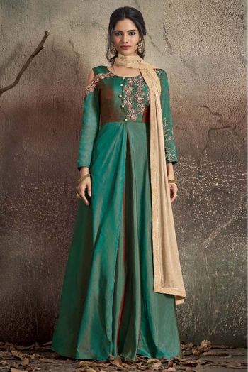 Taffeta Silk Embroidery Anarkali Suit In Green Colour -  SM1352603