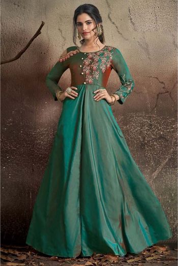 Taffeta Silk Embroidery Anarkali Suit In Green Colour -  SM1352603