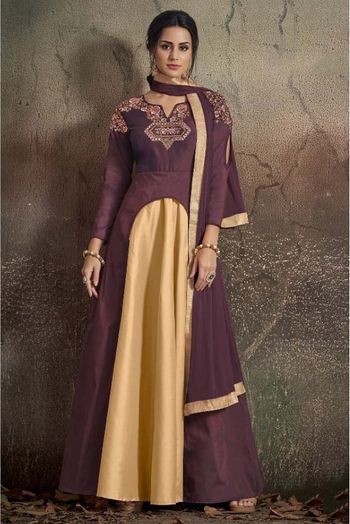 Taffeta Silk Embroidery Anarkali Suit In Purple And Beige Colour SM1352609