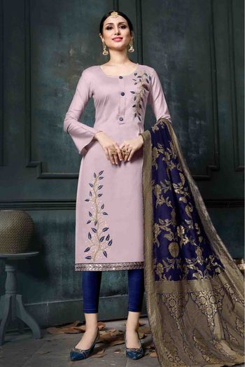 Unstitched Jam Cotton Embroidery Churidar Suit In Purple Colour