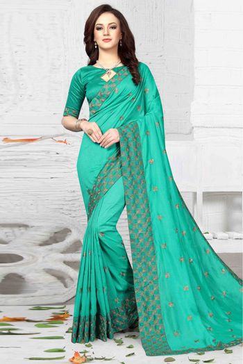 Vichitra Silk Embroidery Saree In Rama Green Colour - SR1541384