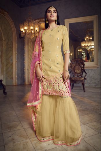 Organza Thread Work Sharara Suit In Beige Colour - SM4900466