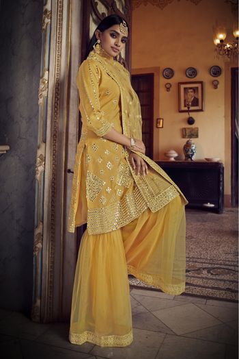 Organza Thread Work Sharara Suit In Mustard Colour