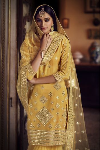 Organza Thread Work Sharara Suit In Mustard Colour