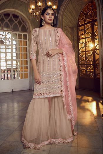 Organza Thread Work Sharara Suit In Peach Colour