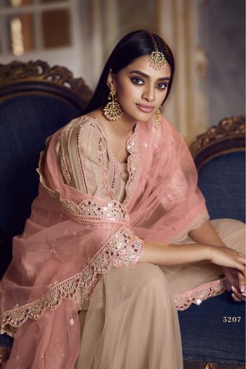 Organza Thread Work Sharara Suit In Peach Colour