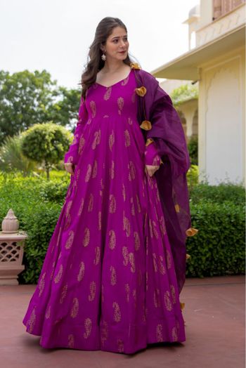 Pure Rayon Foil Print Gown In Purple Colour