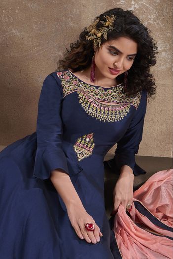 Silk Embroidery Gown In Navy Blue Colour - GW1355764