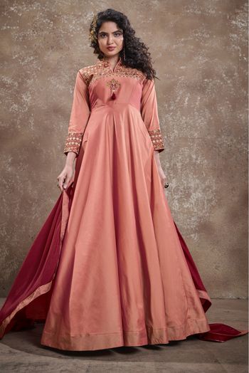 Silk Embroidery Gown In Peach Colour