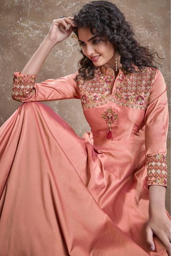 Silk Embroidery Gown In Peach Colour