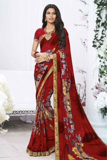 Red embroidered georgette saree with blouse - Laxmipati Fashion - 2293793