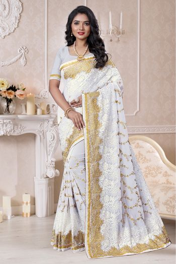 Georgette Designer Saree In Off White Colour