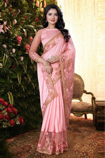 Buy Tantalizing Light Pink Woven Silk Reception Wear Saree - Zeel Clothing