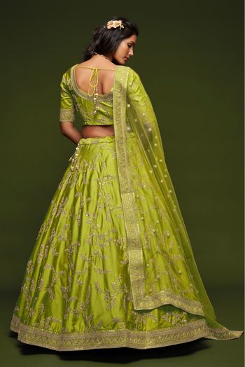 Art Silk Embroidery Lehenga Choli In Green Colour