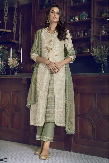 Art Silk Embroidery Pant Style Suit In Off White Colour - SM5410259