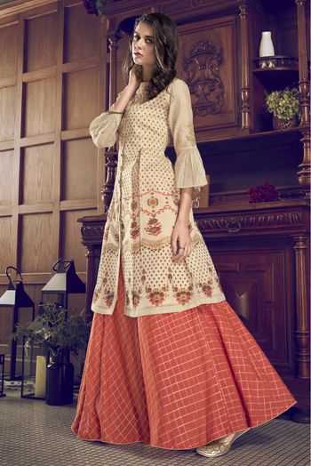 Art Silk Embroidery Sharara Suit In Cream Colour - SM5410263