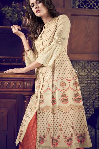 Art Silk Embroidery Sharara Suit In Cream Colour - SM5410263