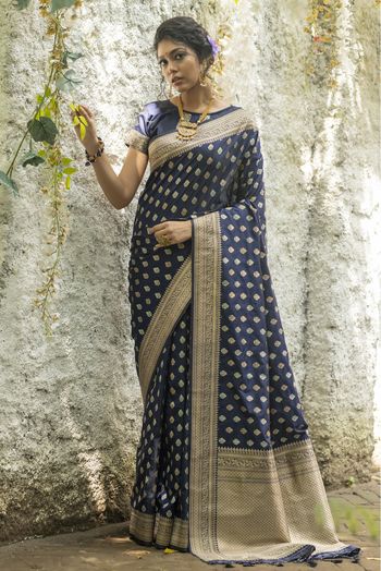 Banarasi Cotton Silk Woven Saree In Navy Blue Colour - SR5410284