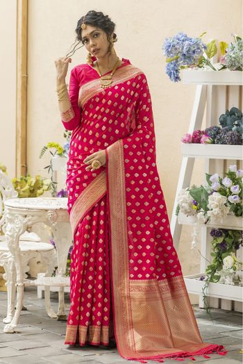 Buy Hot Pink Dola Silk Banarasi Saree with Bandhani Weave