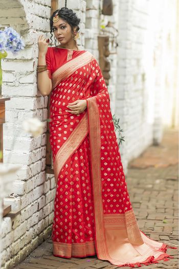 Banarasi Cotton Silk Woven Saree In Red Colour - SR5410281