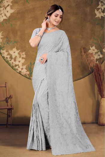 Buy Grey Georgette Printed Work Designer Saree Online