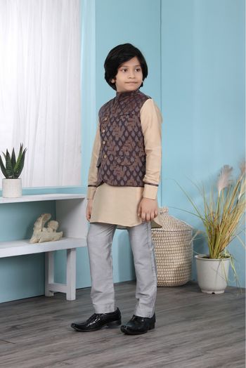 Cotton Silk Kurta Pajama With Jacket In Beige And Brown Colour - BK2710931