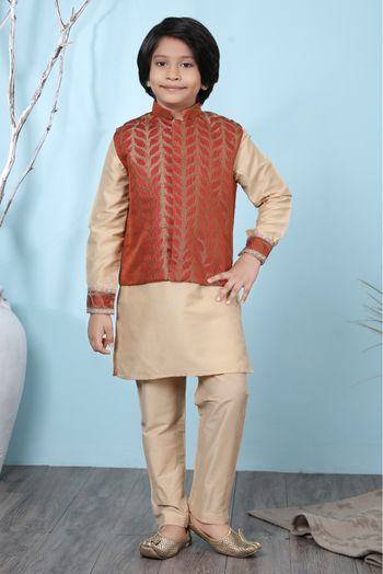 Cotton Silk Kurta Pajama With Jacket In Beige And Rust Colour - BK2710921