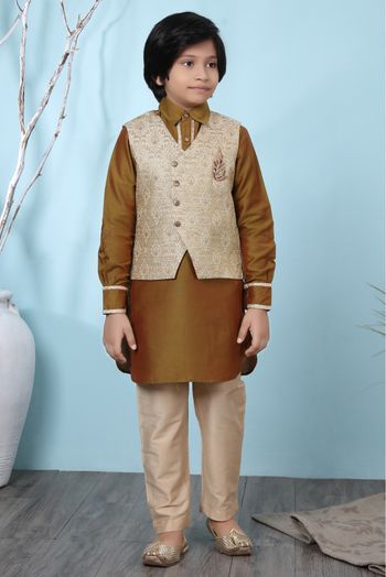 Cotton Silk Kurta Pajama With Jacket In Brown And Beige Colour - BK2710917