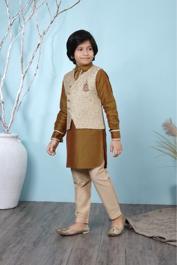 Cotton Silk Kurta Pajama With Jacket In Brown And Beige Colour - BK2710917