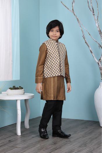 Cotton Silk Kurta Pajama With Jacket In Brown And Beige Colour - BK2710935