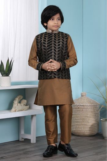 Cotton Silk Kurta Pajama With Jacket In Brown And Black Colour - BK2710928