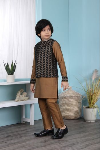 Cotton Silk Kurta Pajama With Jacket In Brown And Black Colour - BK2710928