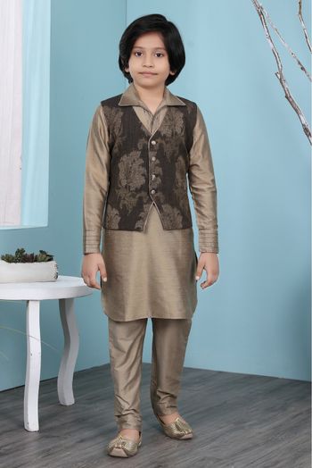 Cotton Silk Kurta Pajama With Jacket In Brown Colour - BK2710941