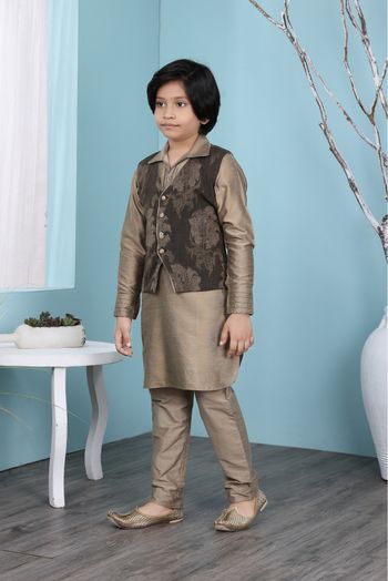 Cotton Silk Kurta Pajama With Jacket In Brown Colour - BK2710941