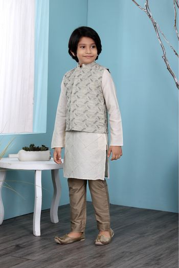 Cotton Silk Kurta Pajama With Jacket In Cream And Beige Colour - BK2710939