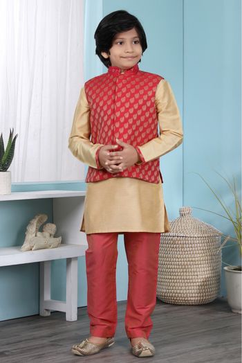 Cotton Silk Kurta Pajama With Jacket In Gold And Red Colour - BK2710920